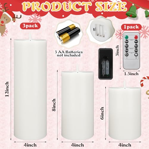 Image of Retisee 3 Pcs White 6 /8 /12 Icnhes Flameless LED Candles with Remote and 2 /4 /8h Timer Battery Operated Wax Flickering Candles for Wedding, Christmas, Church, Chapel, Memorial and Meditation Decor