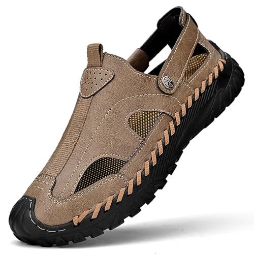 Men's Genuine Leather Handmade Hollow Flat Sports Sandals Lightweight Closed Round Toe Non-Slip Slip-On Summer Casual Breathable Beach Fisherman Shoes