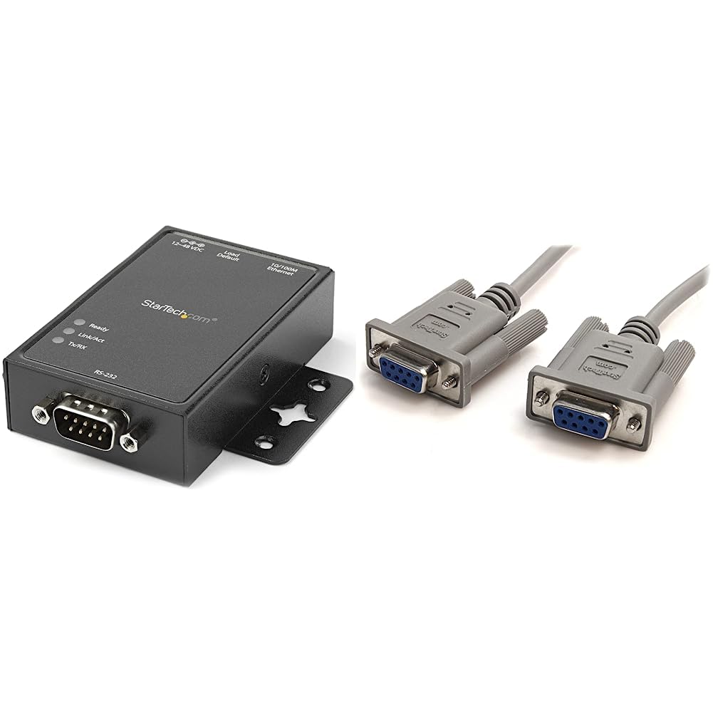 StarTech.com 1 Port RS232 to Ethernet IP Converter/Device Server - Aluminum - Serial over IP Device Server & 10' RS232 Serial Null Modem Cable - Null modem cable - DB-9 to DB-9-10 ft