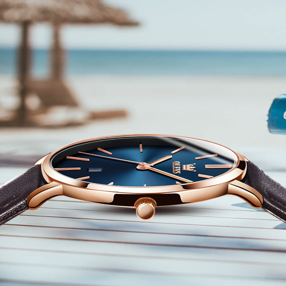 OLEVS Mens Wrist Watches Ultra Thin 6.5mm Minimalist Business Dress Waterproof & Date & Leather Strap Slim Watches for Men