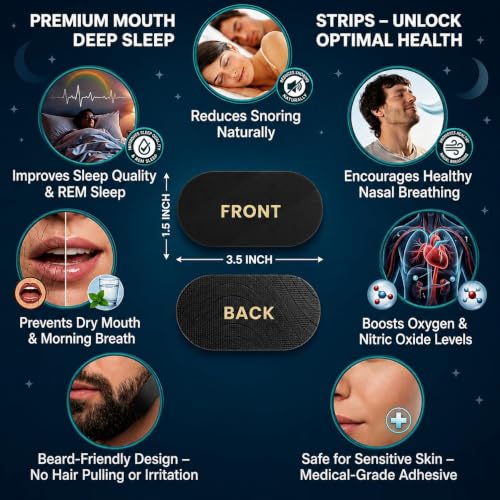 Image of Mouth Tape for Sleeping Adults & Kids (PACK OF 60) | CE Certified - Mouth Tape For Snoring, Hypoallergenic Adhesive Mouth Strips For Sleeping, Mouth Patch For Sleep , Mouth Breathing Stopper Black Strips