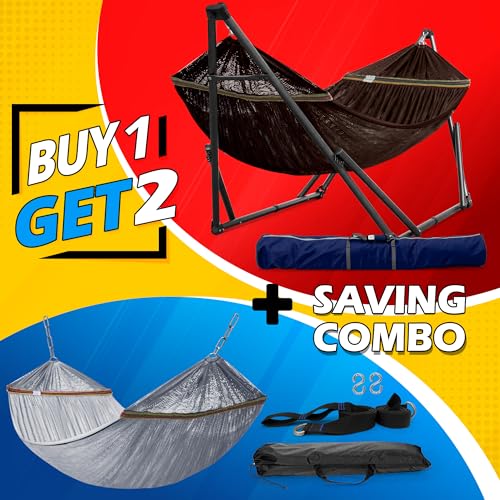 Image of Tranquillo Combo x2 Hammocks with Stand for Outside & Tree Straps, Heavy Duty Hammock with Stand 600lbs for Indoor Outdoor Patio Backyard, x2 Hammocks for 2 Person (Combo - Brown, Medium)