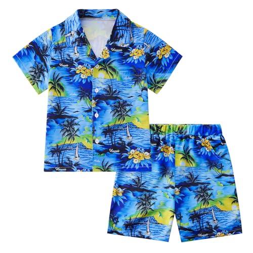 Image of Weixinbuy Boys Summer Outfits Short Sleeve Hawaiian Shirt and Shorts Vacation Set for Kids Summer Clothes Set