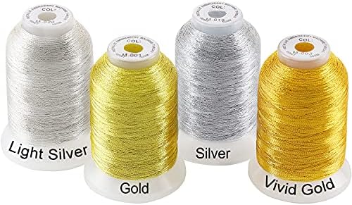 New brothread 4pcs (2 Gold+2 Silver Colors) Metallic Embroidery Machine Thread Kit 500M (550Y) Each Spool for Computerized Embroidery and Decorative Sewing