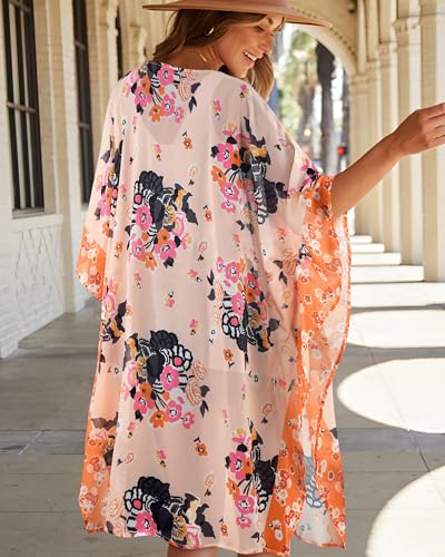 Image of Women's Kimono Swimsuit Coverups Summer Beach Loose Cardigans for Swimwear | CHICGAL Casual Open Front Chiffon Cover Up, 3 /4 Sleeve Lightweight Vacations Outfits 2026, Long Summer Resort Wear
