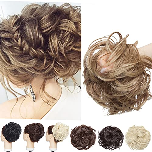 SEGO Ciambella per Chignon Elastico con Capelli Ricci Finti Extension XXL 80g Hair Bun Updo Spettinato Coda di Cavallo Treccia # Castano Chiaro mix Biondo Cenere
