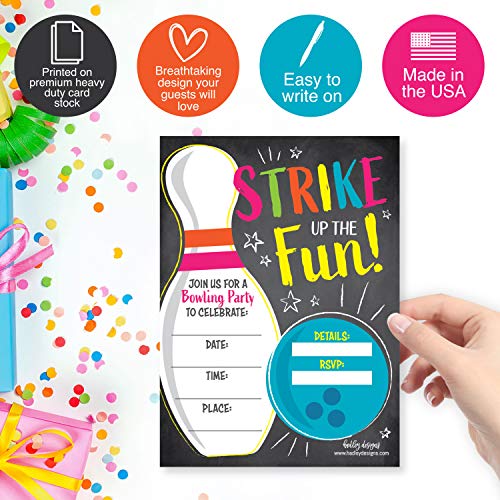 Image of Hadley Designs Kids Birthday Invitations For Boys and Girls Bowling Theme - 25 Neon Birthday Party Invitations For Boys, Bowling Invites For Girls, Cute Party Supplies, Made In USA