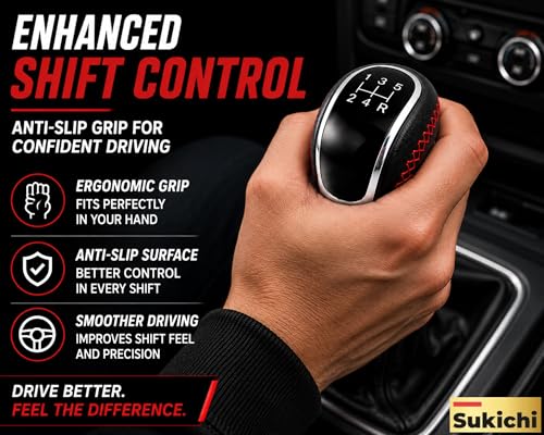Image of Medirich Lifesciences SUKICHI Premium Manual Car Gear Knob | Universal Gear Shift Knob | Anti Slip Leather Finish Gear Lever | Sport Interior Upgrade Accessory | (Red Stitch, Black)