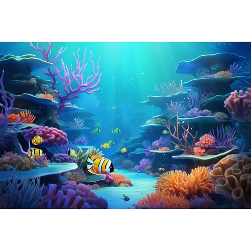 Image of Under The Sea Aquarium Background Tropical Oasis Coral Reef Underwater Marine Life Terrarium Backdrop Deep Ocean with Sunbeams Blue Ocean Fish Tank Background Underwater World Backdrop 30x12in