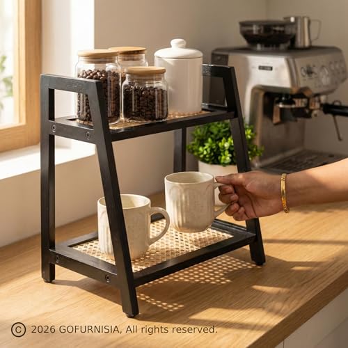 Image of GOFURNISIA Handcrafted Wooden Rattan Display Rack | 2-Tier Premium Vanity Countertop Shelf for Cosmetics | Dining Table Decor Rack | Solid Wood + Natural Cane Webbing | Made in India | Black, Beige