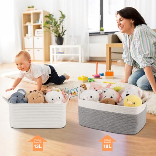 Image of OIAHOMY 19L Woven Basket, Gift Basket Empty with Gift Bags and Ribbons, Rope Baskets for Baby Showers, Storage Baskets with Handles for Nursery, Pet Toy Organizer - Grey & White
