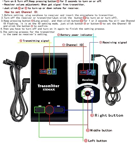 EXMAX EX-100 Sistema inalámbrico de guía turística con micrófono y auricular para interpretación simultánea, conferencias, viajes y enseñanzas (1 transmisor 10 receptores) miniatura 3