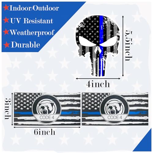 Image of Reflective Decal with Back The Blue Line Lives Matter Flag Car Sticker for Truck, Thin American Skull Flag Code 4 Sticker for Window Bumper Police Law Enforcement (bear8)