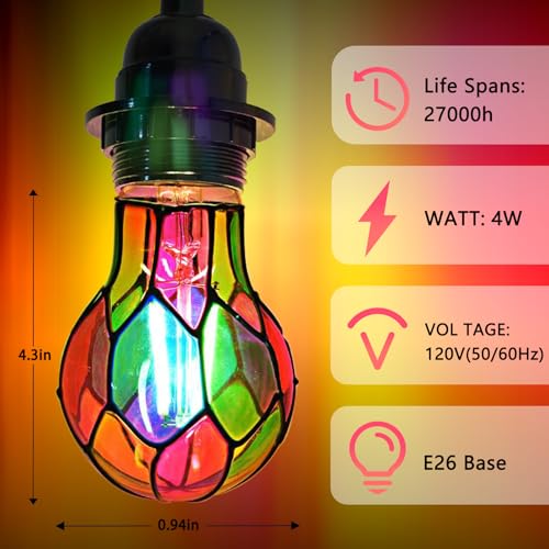 Image of Aygrochy LED Stained Glass Light Bulb Stained Glass Bulb,4W E26 Base A19 Multi Colored Light Bulb Mosaic Party Light Bulb,for Christmas Decoration,Party,Home Lighting,Garden,2 Pack