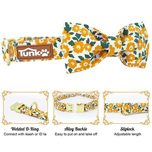 Image of Tunkoo Dog Collar Floral with Elegant Bow Tie Soft Comfy Cotton Adjustable Collar, Premium Metal Buckle for Puppy and Cat Small Medium Large（Yellow flowers，S）