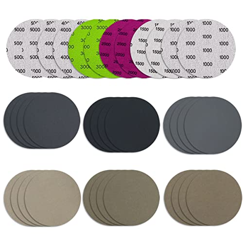 30 Pièces Disques de Ponçage 75mm Disques Abrasifs Auto-Agrippants Grain 1000/1500/2000/3000/4000/5000, Papier de Verre Sec à l'eau, Disques Abrasifs Ronds, pour Meulage Fraisage Gravure Cover