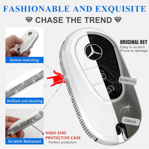 Image of Creativity for Mercedes Benz key cover and keychian (White Combination) | TPU key Case with Rhinestones is compatible with 2022-2025 C S EQE EQS 2023-2025 GLC CLE SL 2024-2025 E smart key