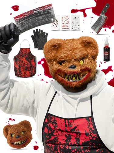 Festicy Bärenkostüm für Herren und Damen I One Size Maske, Kunstblut Halloween Beil, Schürze & Tattoos I Horror Kostüm Herren für Halloween 2025 Party I Halloween Kostüm Damen