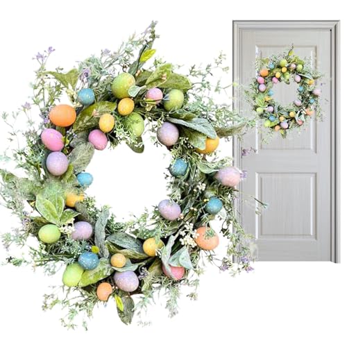 Coroa de Páscoa para porta da frente, coroa de primavera com ovos de Páscoa pastel sintéticos, coroa de ovos de Páscoa para porta da frente, coroa de ovos de Páscoa para uso interno