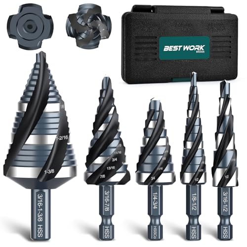 Four Spiral Flute Step Drill Bit Set, 1/8'-1-3/8' 5PCS...