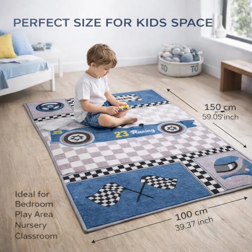 Image of Matz&More Kids Play Area Rug | 100x150 cm | Blue Grey Tiny Racer Checkered Design | Soft Nylon Loop Pile Carpet with Anti-Slip Backing | Children's Play, Bed & Classroom Floorings