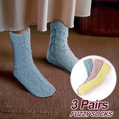 Image of Fuzzy Socks for Women Soft Socks Cozy Fluffy Socks Winter Warm Slipper Socks Warm Comfy Thermal Home Sleeping Socks (Pink+Blue+Yellow)