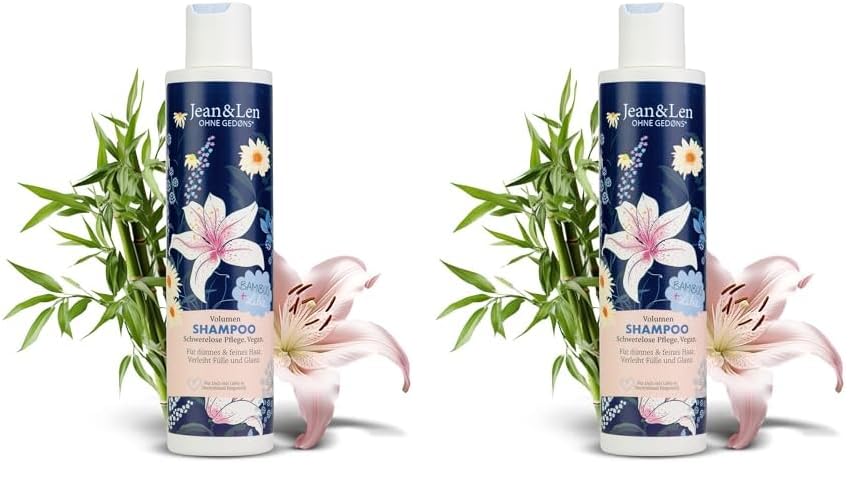 Jean & Len Shampoo Volumen Bambus & Lilie, für dünnes und feines Haar, verleiht Fülle und Glanz, Blüten-Duft, ohne Parabene und Silikone, vegan, 300 ml (Packung mit 2)