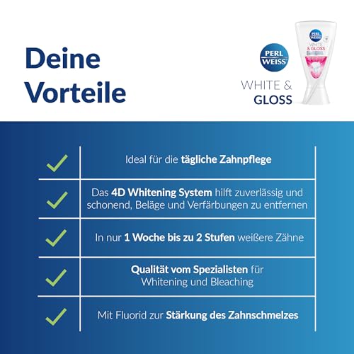 PERLWEISS White & Gloss Whitening Zahncreme - für sofort sichtbare weißere Zähne & bis zu 2 Stufen heller in 1 Woche - mit Pro-Shine-Komplex & Zahnschmelzschutz zur Zahnaufhellung, 50 ml