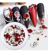 3D Red Rose Flowers Nail Art Charms, 1 Box Multi Shapes Nail Pearls White Red Golden Gems Rhinest...
