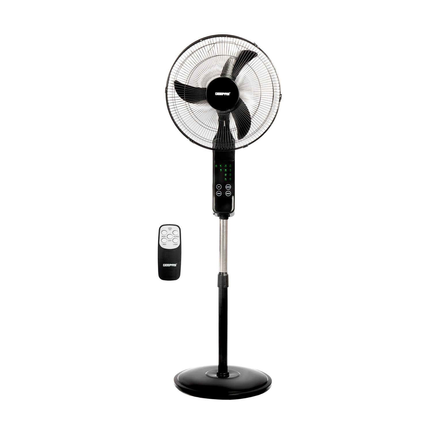 Geepas GF9466 16" Stand Fan With Remote Control 50W - 3 Speed, 5 Leaf Blade, Adjustable Height & Tilt Setting With Led Display | Auto Off | 2 Years Warranty