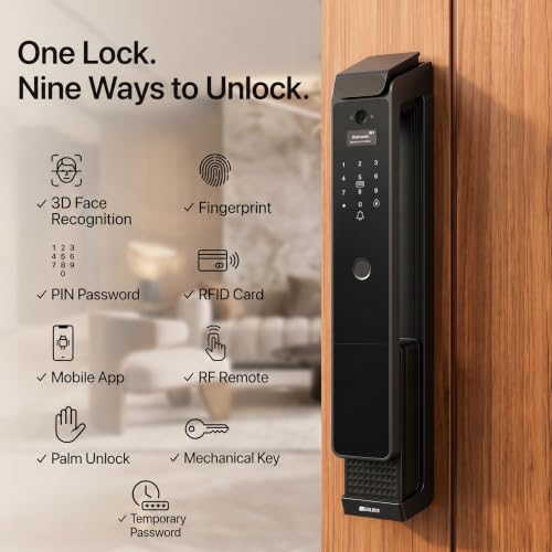 Image of Golens X94 Premium Smart Door Lock for Main Door | 9-Way Unlock with 3D Face ID, Palm Unlock, Fingerprint, PIN, RFID Card, Mobile App, RF Remote & Mechanical Key | Luxury Heavy-Body Digital Door Lock