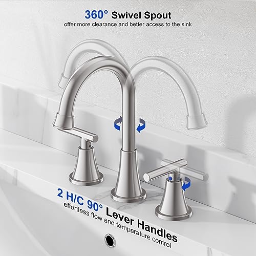 Image of Bathroom Faucet 3 Hole, Brushed Nickel Faucets with Drain and Supply Lines