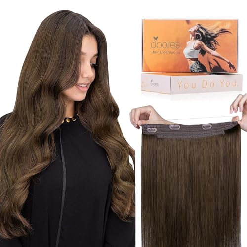 Image of DOORES Wire Hair Extensions Chocolate Brown 20 Inch 110 g Remy Human Wire Hair Extensions Invisible Transparent Line Adjustable Hairpieces Secret Straight