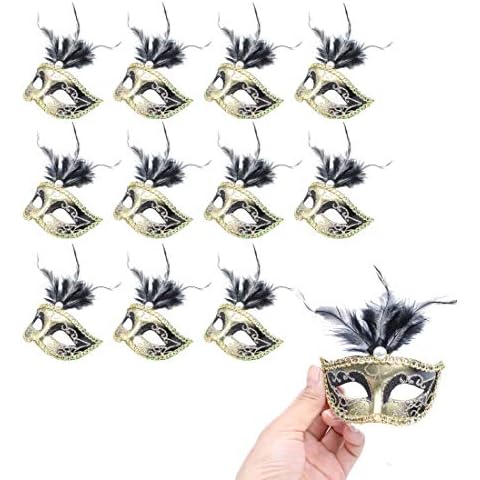 BONAKULA 24 Pieces Decorative Mini Masquerade Mask Party Decorations Luxury Feather Mardi Gras Venetian Masks Party Favors (Black) Cover