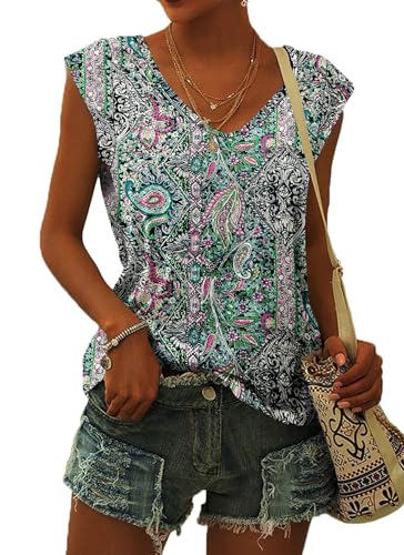 WNEEDU Camiseta de verano para mujer, cuello en V, holgada, blusa de verano, ligera y ventilada, con mangas de ala, 01-palacio flor verde, S