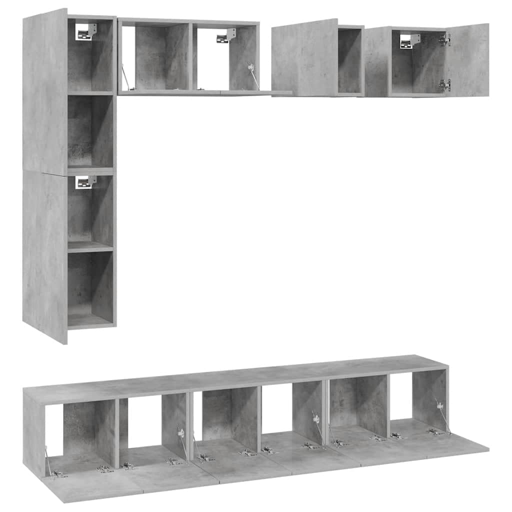 8-TLG. Hängendes TV-Schrank-Set, Betongrau Holzwerkstoff, Lowboard für Wohnzimmer, Modernes Media-Center mit viel Stauraum, Einfache Wandmontage