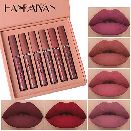 6 Colors Matte Liquid Lipstick Makeup Set, Long-Lasting Wear Non-Stick Cup Not Fade Waterproof Lip Gloss (A)