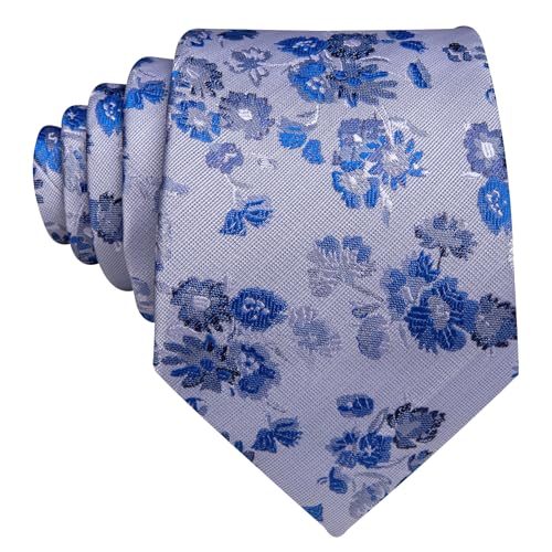 Image of Barry.Wang Light Blue Flower Ties for Men Silk Woven Floral Tie Sets Necktie Handkerchief Cufflinks Wedding Party