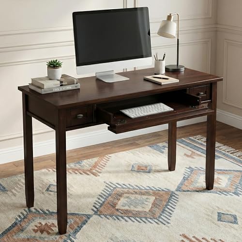 Image of SIMPLIHOME Warm Shaker Desk - 48 Inch Wide Solid Wood Writing Desk in Brunette Brown, Transitional Home Office Computer Table for Workspace or Study with Flip-Down Keyboard Tray and 2 Drawers