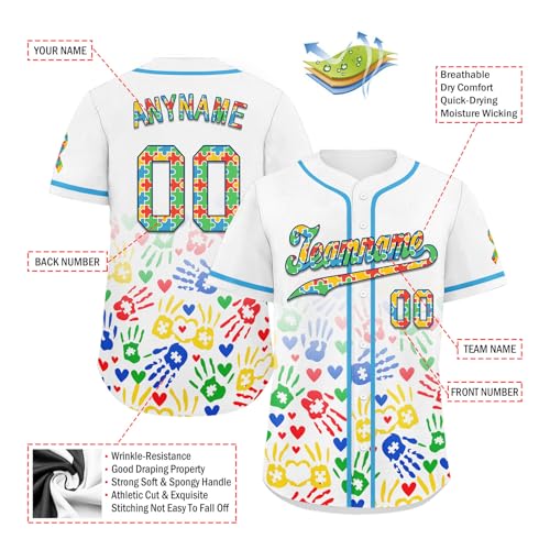 Camiseta de béisbol personalizada con conciencia sobre el autismo para adultos y jóvenes, diseño de piezas de rompecabezas, camisa de equipo de sóftbol con botones miniatura 4