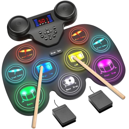 Electric Drum Set with 7 Colorful LED Light Patterns, Enhanced Rebound Feel Electronic Drum Kit...