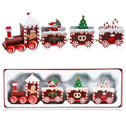Yulejo Christmas Train Painted Wooden Christmas Decoration Mini Christmas Tree Train Christmas Decorations Wood Train Decor for Xmas Table Top Ornament for Festival Party Decor (Santa Claus Red)