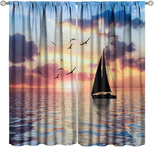 Rideau Occultant Thermiques pour Salon 3D Paysage De Bateau À Voile Rideaux Occultants A Oeillets Décoration De Fenêtre pour Chambre Draperies Intérieurs...