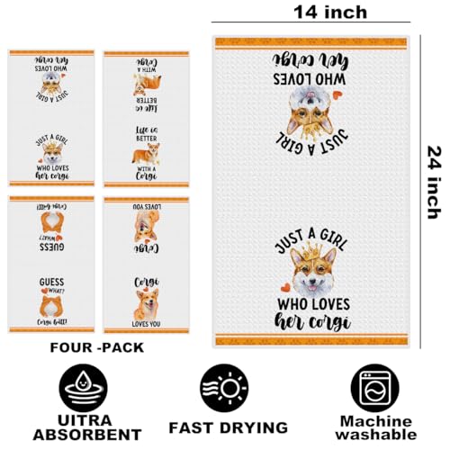 Image of 4 Pcs Funny Corgi Kitchen Towels 24x14 Inch, Corgis Decorative Waffle Weave Dish Towels, Dog Hand Tea Towels for kitchen Home Farmhouse Bathroom Decor, Corgi Gifts for Women Mom Friend Grandma