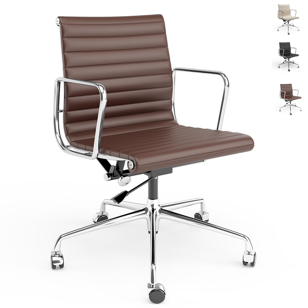 OTDMEL Ribbed Office Chair Top Grain Leather Desk Chair Mid Back Genuine Leather Swivel Chairs with Aluminum Alloy Arms & Base, with Silent Wheels,