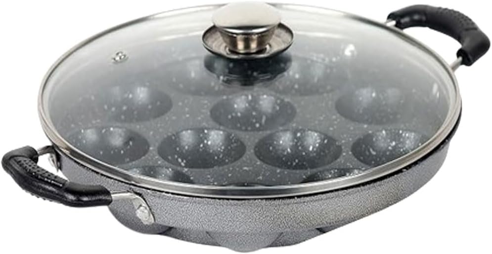 Aluminum Non Stick 12 Cavity Appam Pan,Appam Patra with Glass Lid and Side Handle- Color-Black (12 Cavities)