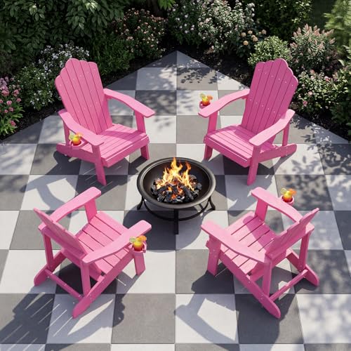Image of Tangkula Oversized Adirondack Chair, Patio Lounge Chairs w /Adjustable Cup Holder, HIPS Armchairs Slatted Chair, Outdoor Weather Resistant Fire Pit Chair for Deck Backyard Garden Porch (1, Pink)