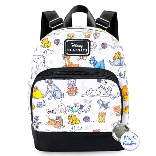 Disney Cats and Dogs Mini Backpack - 10" Iconic Woven Small Backpack with Front Pocket and Button Bundle | Adjusts to Fit Kids, Toddlers, Teens, Women, Girls