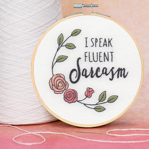 Image of Dimensions 72-70394 Fluent in Sarcasm Embroidery Needlepoint Kit for Beginners, 6 inch Diameter Hoop, Multicolor, 5 Pieces