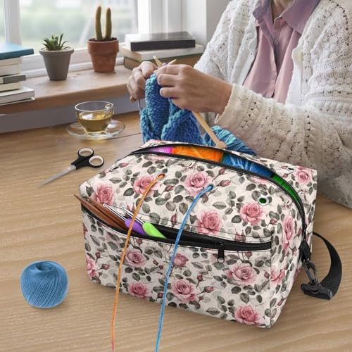 Image of Drnuikhe Roses Large Crochet Bag Knitting Tote Bag Portable Knitting Bag for Yarn Storage, Lightweight Crochet Bag Knitting & Crochet Supplies Crochet Gift for Mother Wife
